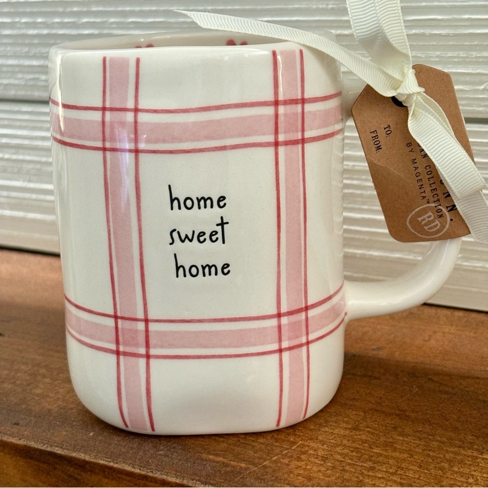 RAE DUNN Home Sweet Home White Pink Plaid Flowers Coffee Tea Mug NEW